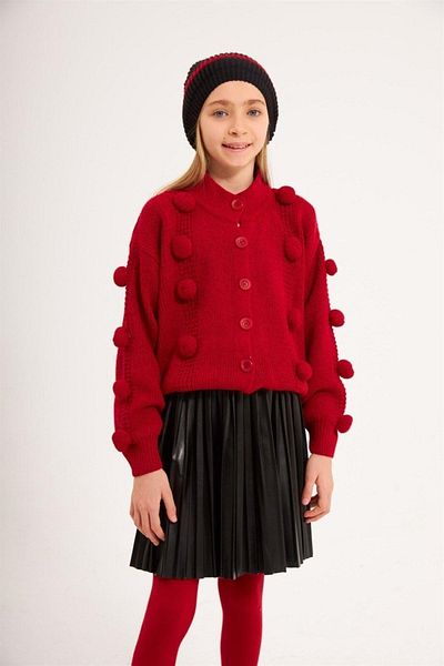 Hilal Akıncı Kids Girl's Pompom Knitwear Cardigan Black Leather Pleated Skirt Knitwear Beret Quadruple Set