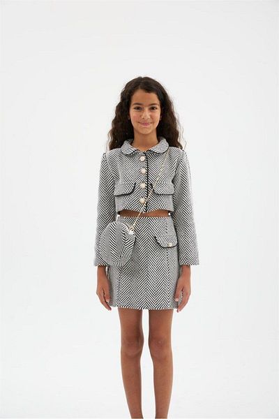 Hilal Akıncı Kids Set de 3 piese pentru fete, cu nasturi aurii și cu dungi, jachetă crop, fustă, cu curea cu lanț