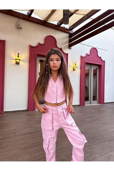 Hilal Akıncı Kids Girl's Jeans Vest White Body Cargo Pocket Trousers 3-Piece Set