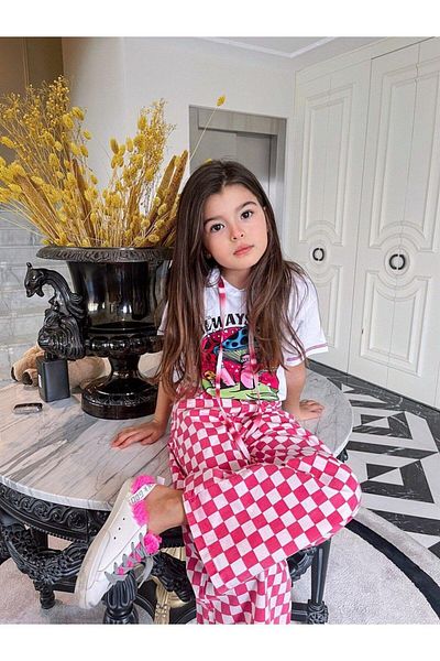 Hilal Akıncı Kids Girl's Hooded Mushroom Printed T-Shirt Checkered Fuchsia Jeans 2 Piece Set