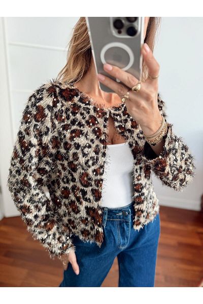 Maldia Shop Γυναικείο Leopard Feather Sequin Cream Jacket 1400