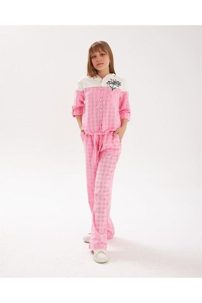 Hilal Akıncı Kids Girl's Pearl Buttoned Embroidery Detailed Tied Front Shirt Checkered Pants Set of 2