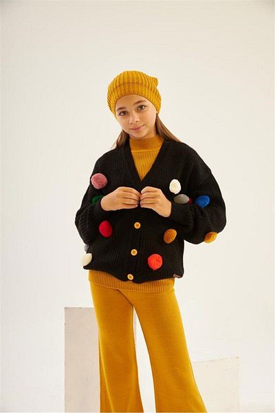 Hilal Akıncı Kids Girl's Black Pompom Knitwear Cardigan Sleeveless Inner Badi Knitwear Pants Beret 4-Piece Set
