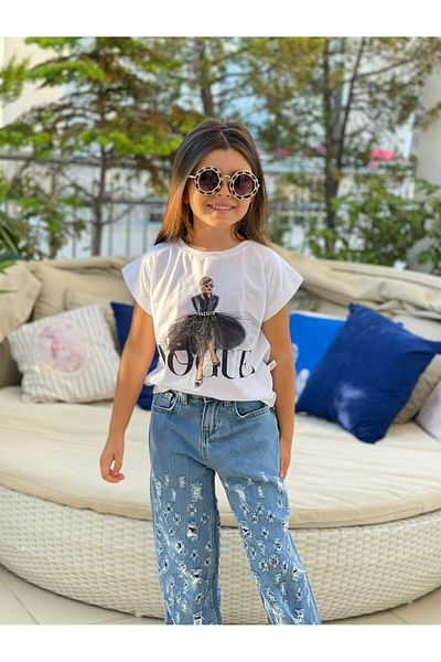 Hilal Akıncı Kids Girl's Blue Printed Cotton Combed Asymmetrical Ripped Jeans Trousers Double Set 1187