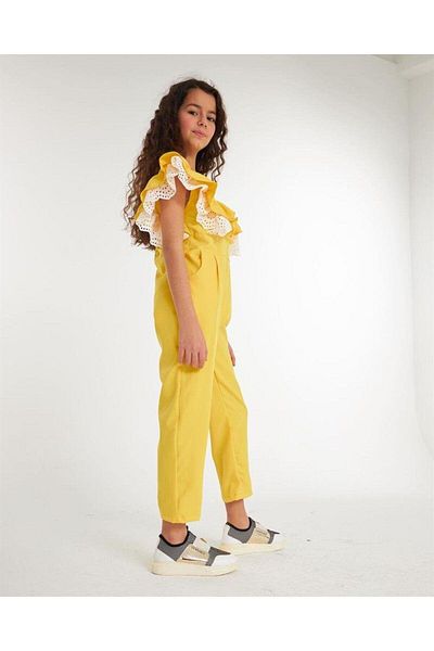 Hilal Akıncı Kids Girl's Embroidery Detailed Pearl Covered Back Pocket Jumpsuit
