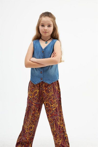 Hilal Akıncı Kids Girl's Patterned Wide Leg Pants Jeans Vest Double Set