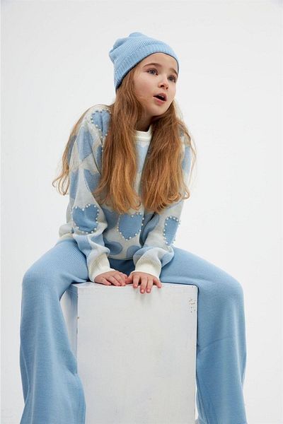 Hilal Akıncı Kids Model de inimă pentru fetiță, cu mărgele, pulover, tricotaje, pantaloni, beretă, set de 3 piese