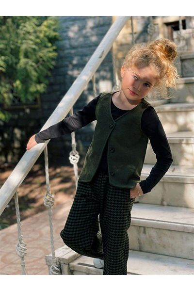 Hilal Akıncı Kids Girl's Stamp Vest Black Badi Houndstooth Model Trousers Triple Set