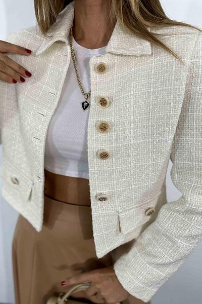Maldia Shop Women's Design Model Button Detail Ecru Tweed Jacket
