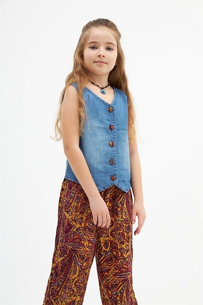 Hilal Akıncı Kids Girl's Patterned Wide Leg Pants Jeans Vest Double Set