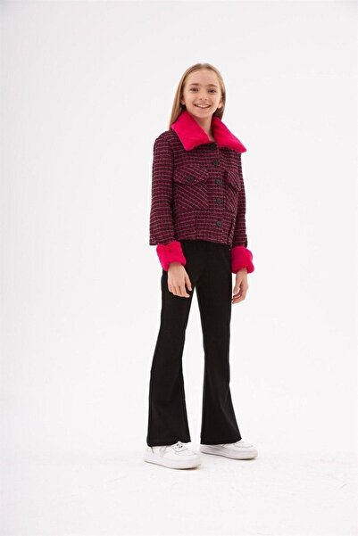 Hilal Akıncı Kids Girls' Fur Collar Fabric Crop Jacket Black Flared Leg Leggi...