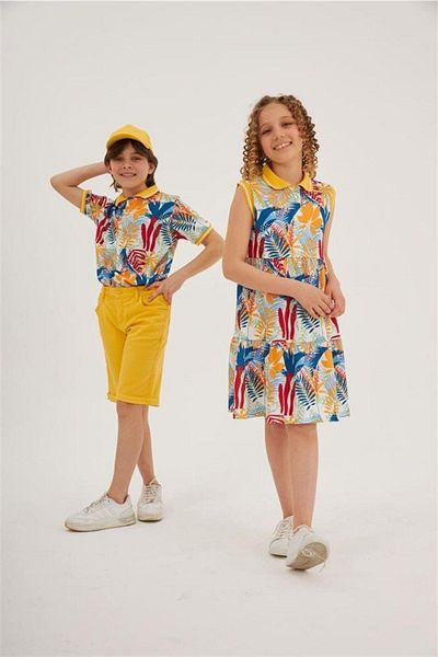 Hilal Akıncı Kids Boy's Patterned Collared T-Shirt Colorful Denim Shorts