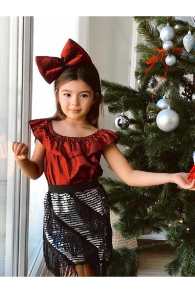 Hilal Akıncı Kids Kız Çocuk Varaklı Kırmızı Bluz Saçaklı Etek Taç Takım