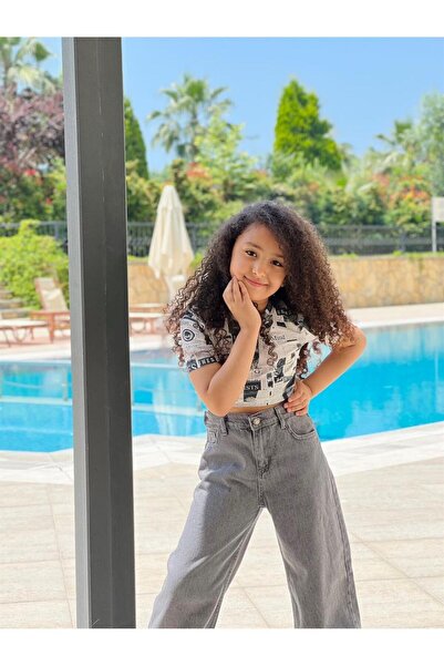 Hilal Akıncı Kids Girl's Patterned Crop Body Wide Leg Gray Jeans Set of 2