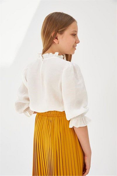 Hilal Akıncı Kids Girl's Long Sleeve Floral Embroidered White Blouse Colorful Pleated Skirt 2-Piece Set