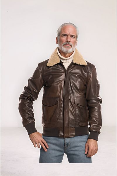 By Marki Marki Men's Genuine Leather Jacket - Brown, Collar, Multi-Pockets, Vintage Design 502722