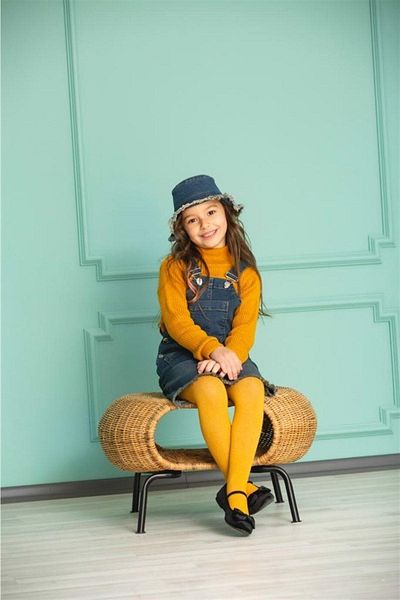 Hilal Akıncı Kids Girl's Denim Salopet Half Turtleneck Sweater Denim Hat 4-Piece Set