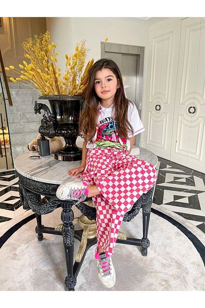 Hilal Akıncı Kids Girl's Hooded Mushroom Printed T-Shirt Checkered Fuchsia Jeans 2 Piece Set