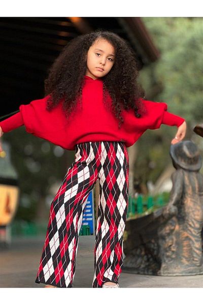 Hilal Akıncı Kids Girl's bat sleeve knitwear sweater diamond patterned pants 2-piece set
