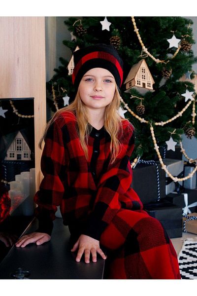 Hilal Akıncı Kids Girl's Checkered Buttoned Cardigan Knitwear Skirt Beret 3-Piece Set