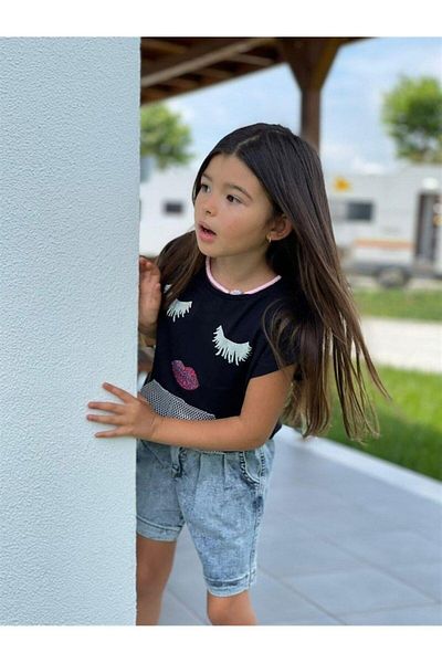 Hilal Akıncı Kids Κοριτσίστικο Διχτυωτό Μπλούζα με λεπτομέρεια Mom Τζιν Σορτς Διπλό Σετ