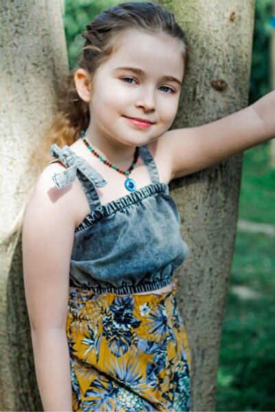 Hilal Akıncı Kids Girl's Leaf Patterned Loose Trousers Denim Bustier Double Set