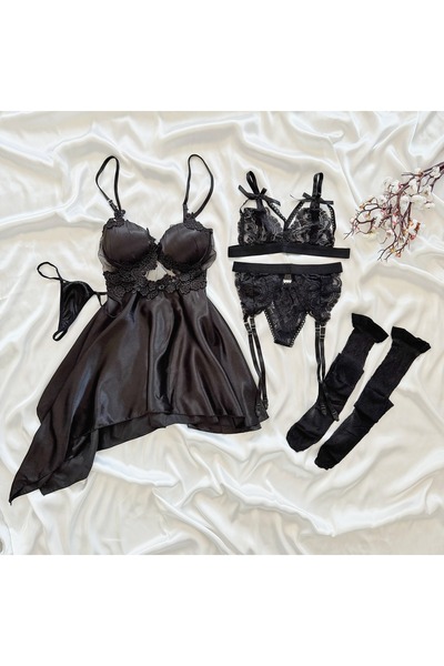 cdh çeyize dair herşey Passion blcak saten 4 lü gecelik seti 6823