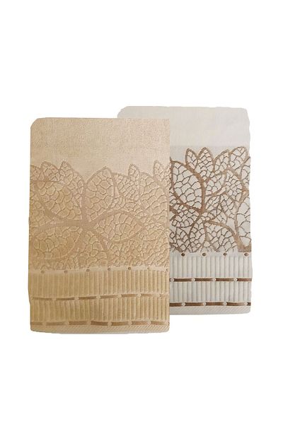 Mira Home Set of 2 Jacquard Velvet Leaf Patterned Luxury Hand Face Towels 50X90 cm 100% Cotton