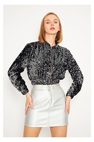 TIFFANY&TOMATO Fermuarlı Kadife Pul Payet Ceket