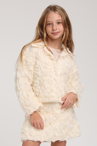 Escabel Premium Ecru Rose Patterned Girl's Jacket & Skirt Set - Elegant & Stylish
