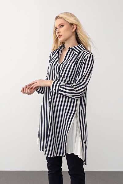 Olcay Striped Tunic with Zipper and Pleat on the Sides Black 9830