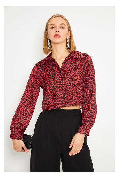 TIFFANY&TOMATO Kırmızı Leopar Desenli Kısa Saten Gömlek