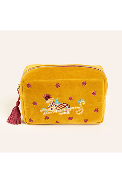 Zsa Zsa Zsu Delhı Nakışlı Büyük Boy Pamuk Pamuk Makyaj Çantası 23x15 Cm Sarı