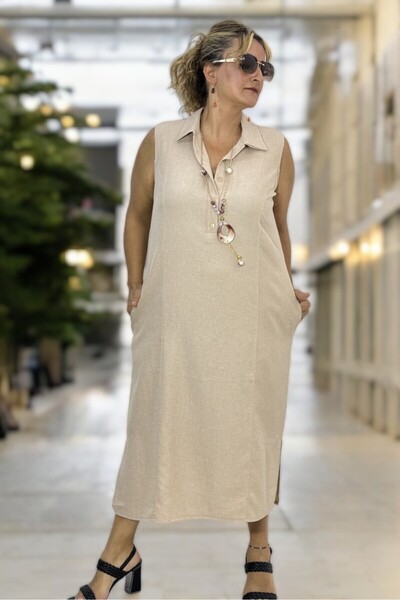 yagmurberen Plus Size Half Button and Pocket Shirt Collar Cotton Aerobic Dress - Sleeveless