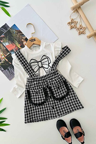 Minigimin Cicileri Комплект от 2 части за момиче на My Little One's Cici Tweed Jeck с шарка на панделка и мотив - черен