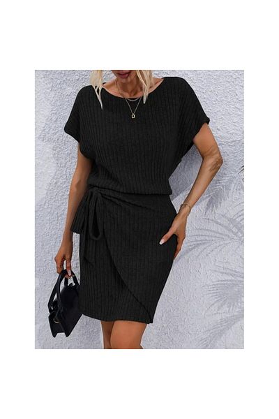 JANES Women's Short Sleeve Open Collar Elastic Waist Side Tie Thick Corded Camisole Dress