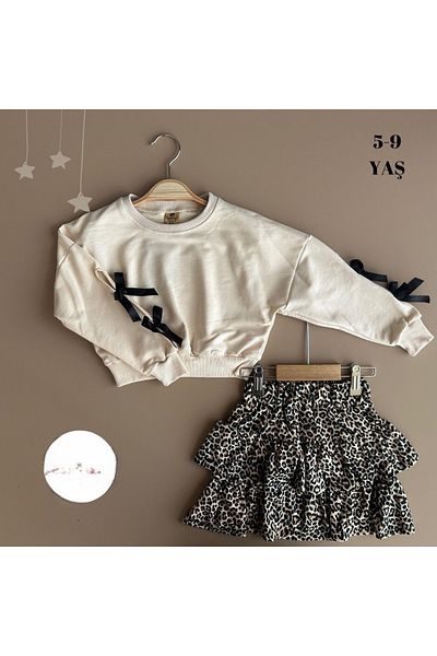 SANTRALBEBE Girl's Leopard Patterned Layered Seasonal Skirt Suit