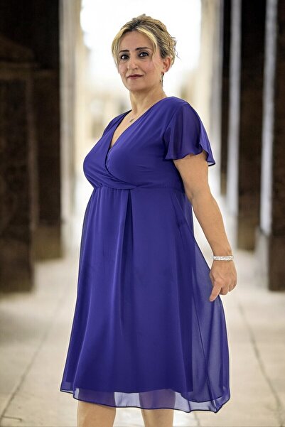 yagmurberen Plus Size Comfortable Double Breasted Collar and Angel Sleeve Lined Evening Dress