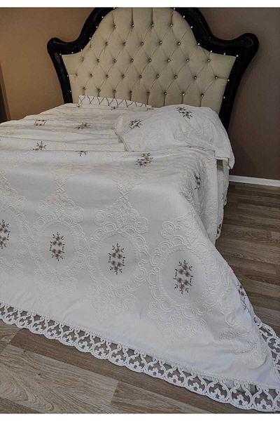 Çt Çeyizci Tekstil Double Bed Cover 3 Piece Cream Bed Cover