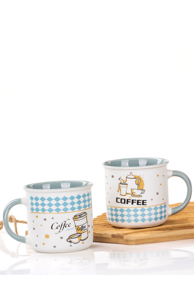 MUKKO HOME 2'li Porselen Kupa Seti Coffee Desenli Porselen Kupa – 350ml