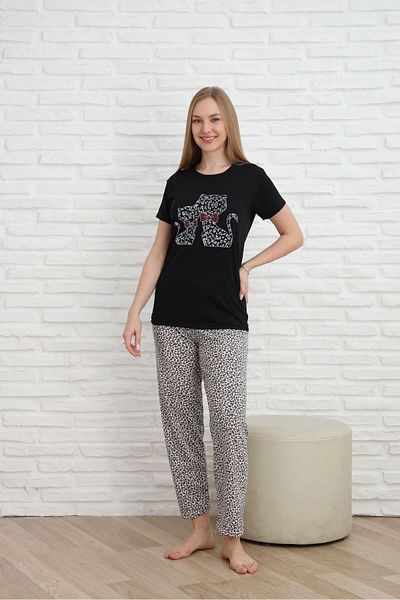 Lunaberry Women's Pajama Set Leopard Kitten Printed, Short Sleeve, Summer 100% Cotton, Soft, Dowry