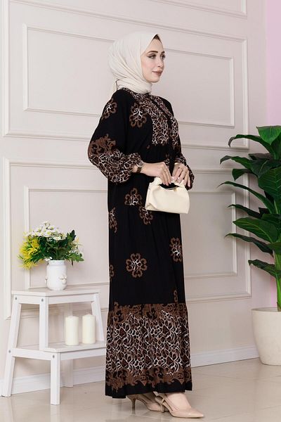 Sevitli Leopard Patterned Robe Viscon Dress-Black