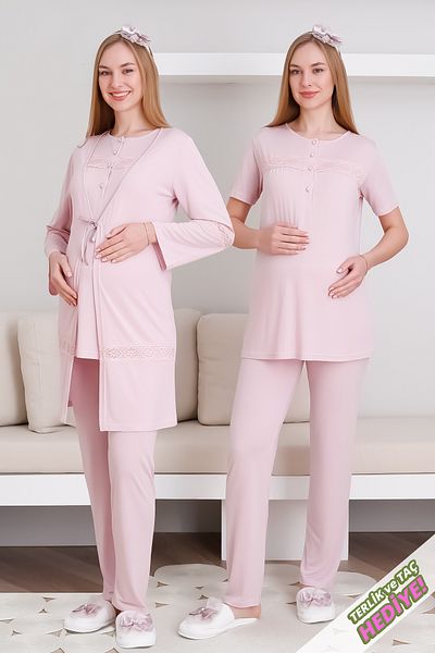 ERDENİZ TEKSTİL Maternity & Postpartum Pajama Set with Dressing Gown, Lace Detail and Buttoned Front / Slippers and Crown Gift