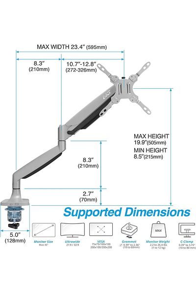 AWH Sh 100-c012 Single Monitor Desk Mount, Gas Spring Arm For 13-34" Monitors, Adjustable, Holds 20 Lbs.