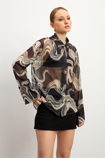 MODAGEN Γυναικείο πουκάμισο από τούλι ισπανικό με μαύρο σχέδιο