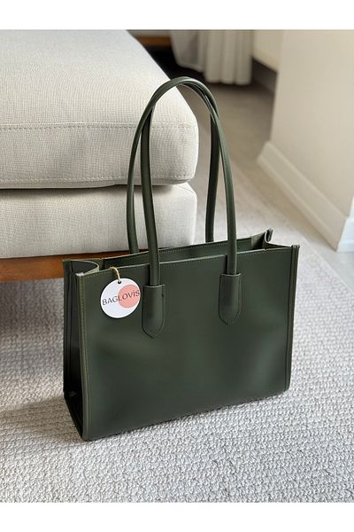 BAGLOVİS Lacquered Leather Scratch Resistant Large Khaki Women's Shoulder Bag