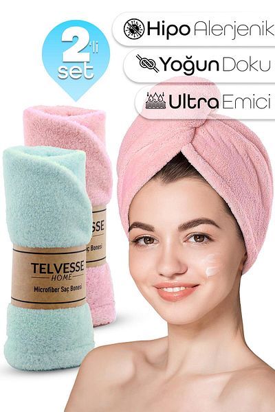 Telvesse Set of 2 Microfiber Hair Towel Beach Sea Pool Cap Bath Hair Drying Head Towel Turquoise-Pink