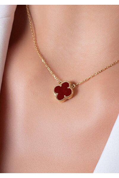 YCL JEWELLERY 14 Ayar Altın Kadife Bordo Yonca Kolye