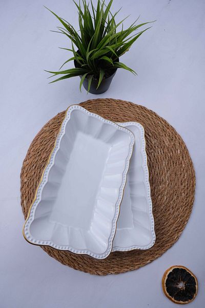 Home 2Pcs Gilded White Presentation Plate 24X14X4 Boat Plate