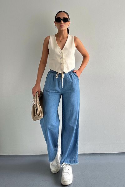 Fashion Friends Pantaloni din denim cu tăietură dreaptă, cu ciucuri, albastru